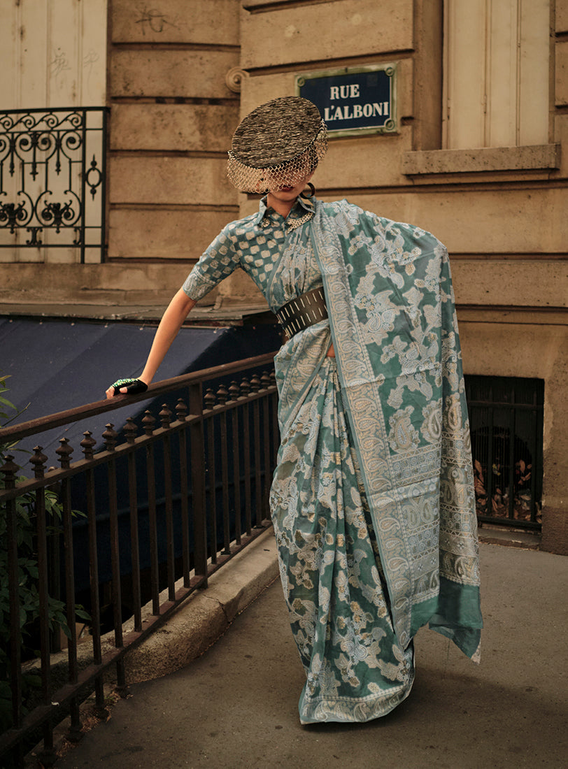 Monjolika Fashion Dusty Green Color Lakhnavi Organza Weaving Work Saree With Blouse - Distacart