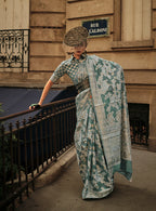 Monjolika Fashion Dusty Green Color Lakhnavi Organza Weaving Work Saree With Blouse - Distacart