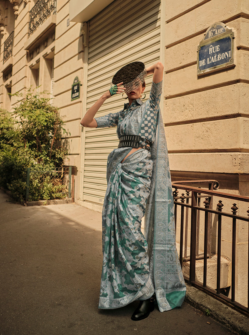 Monjolika Fashion Dusty Green Color Lakhnavi Organza Weaving Work Saree With Blouse - Distacart