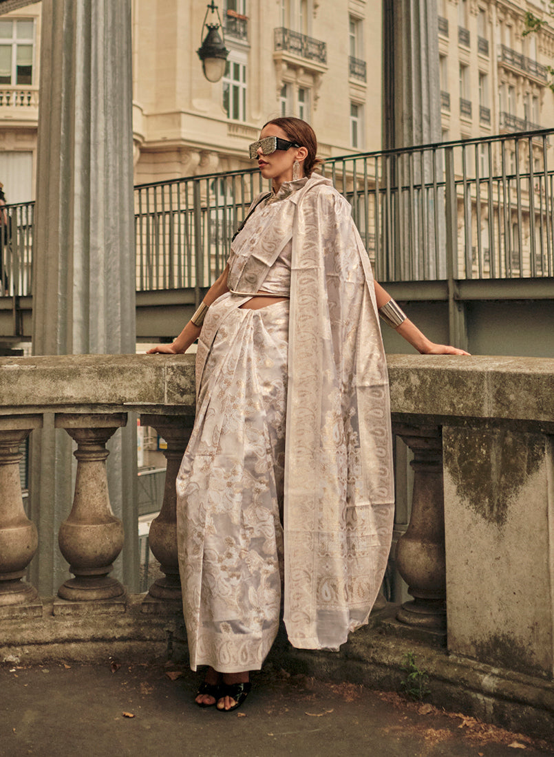 Monjolika Fashion White Color Lakhnavi Organza Weaving Work Saree With Blouse - Distacart