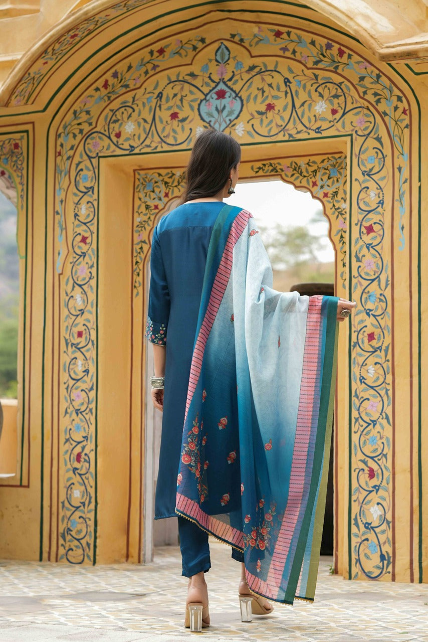 Juniper Women's Teal Satin Slub Straight Embroidered Kurta Sets - Distacart