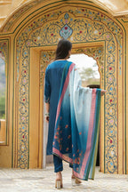 Juniper Women's Teal Satin Slub Straight Embroidered Kurta Sets - Distacart