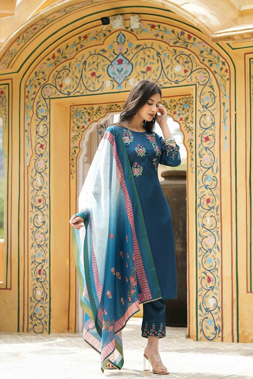 Juniper Women's Teal Satin Slub Straight Embroidered Kurta Sets - Distacart
