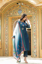 Juniper Women's Teal Satin Slub Straight Embroidered Kurta Sets - Distacart