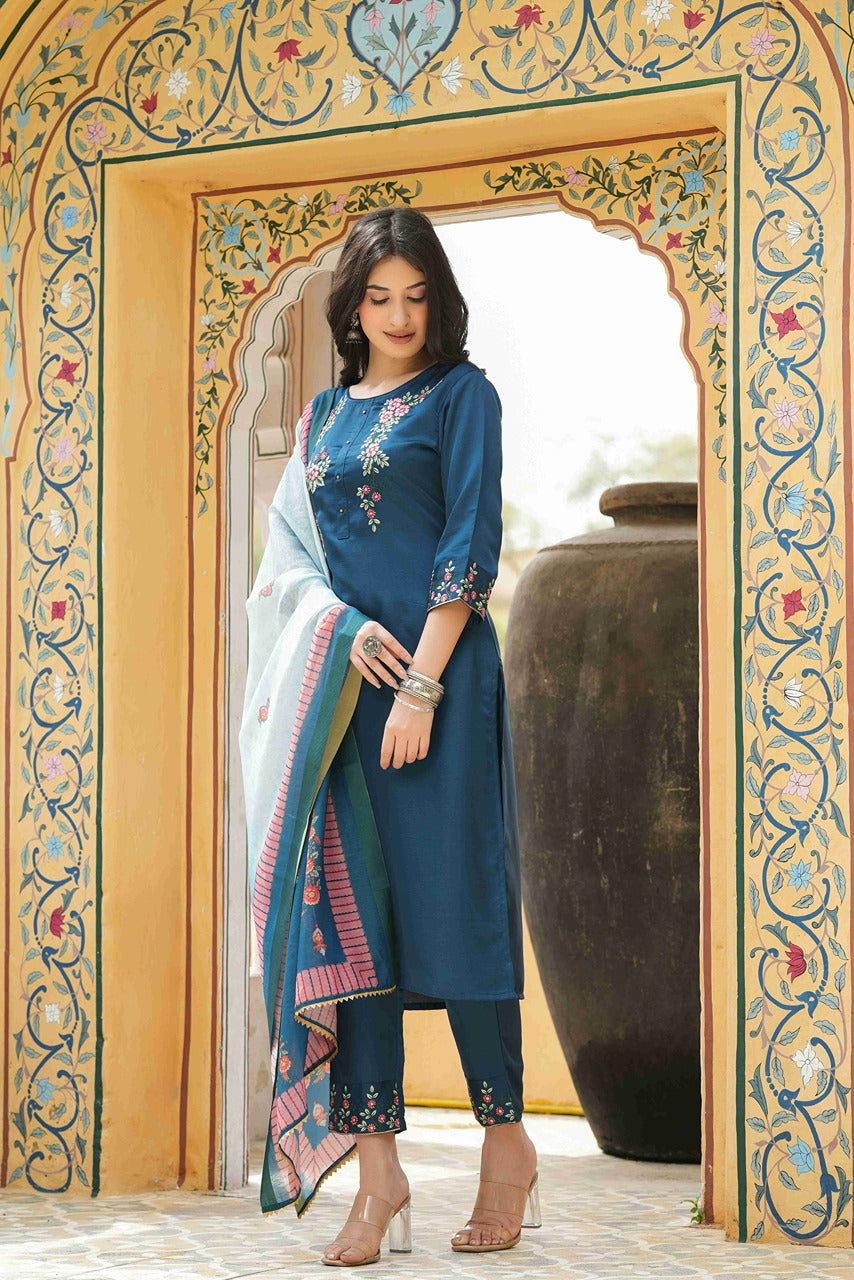 Juniper Women's Teal Satin Slub Straight Embroidered Kurta Sets - Distacart
