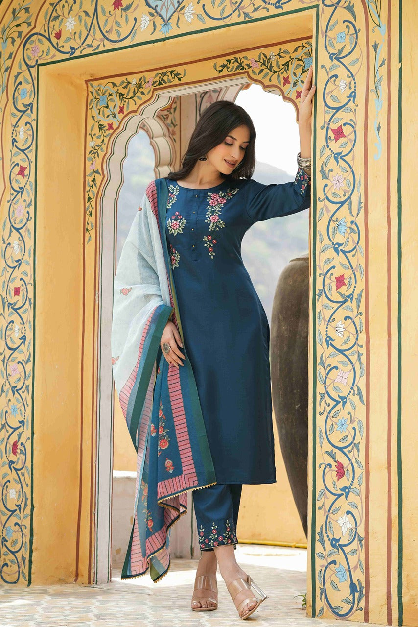 Juniper Women's Teal Satin Slub Straight Embroidered Kurta Sets - Distacart