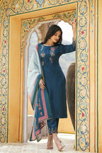 Juniper Women's Teal Satin Slub Straight Embroidered Kurta Sets - Distacart