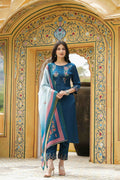 Juniper Women's Teal Satin Slub Straight Embroidered Kurta Sets - Distacart