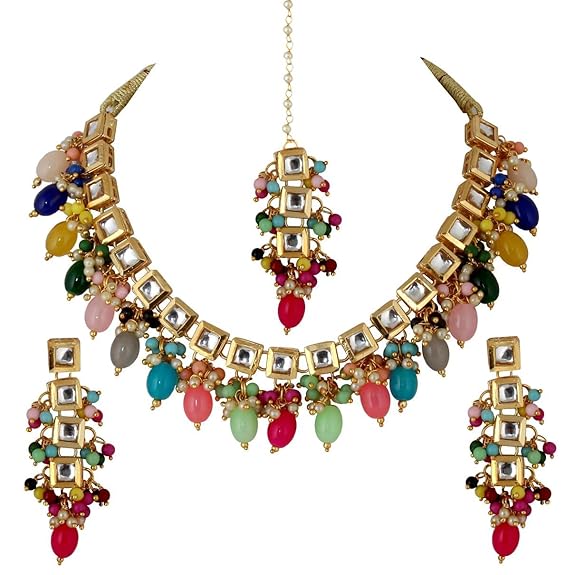 Tehzeeb Creations Back Meenakari Gold-Polished Square Shape Tika Earring Jewellery Set Uncut Kundan Big Faux Kundan Dibbi Kundan Choker Necklace Set