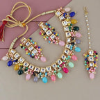 Tehzeeb Creations Back Meenakari Gold-Polished Square Shape Tika Earring Jewellery Set Uncut Kundan Big Faux Kundan Dibbi Kundan Choker Necklace Set