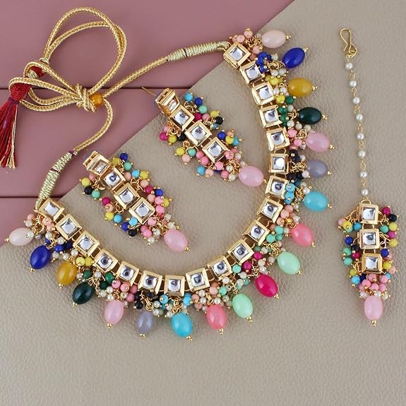 Tehzeeb Creations Back Meenakari Gold-Polished Square Shape Tika Earring Jewellery Set Uncut Kundan Big Faux Kundan Dibbi Kundan Choker Necklace Set