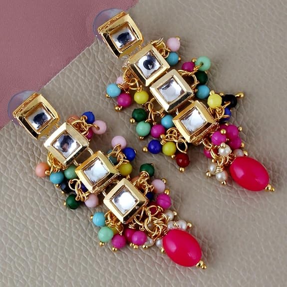 Tehzeeb Creations Back Meenakari Gold-Polished Square Shape Tika Earring Jewellery Set Uncut Kundan Big Faux Kundan Dibbi Kundan Choker Necklace Set