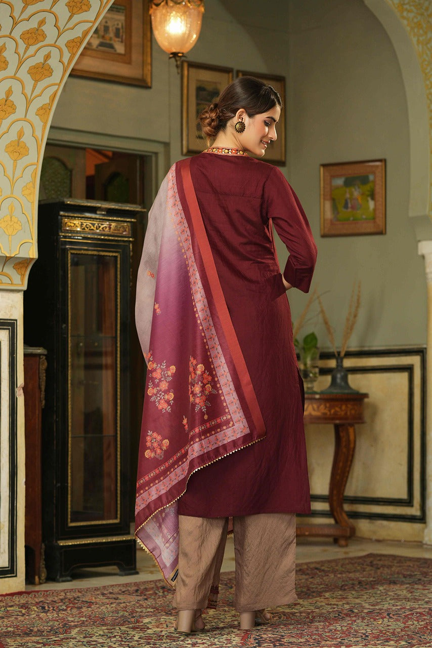 Juniper Maroon Mono Viscose Festive Wear Embroidered Straight Kurta Pant Dupatta Set - Distacart