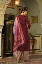 Juniper Maroon Mono Viscose Festive Wear Embroidered Straight Kurta Pant Dupatta Set - Distacart