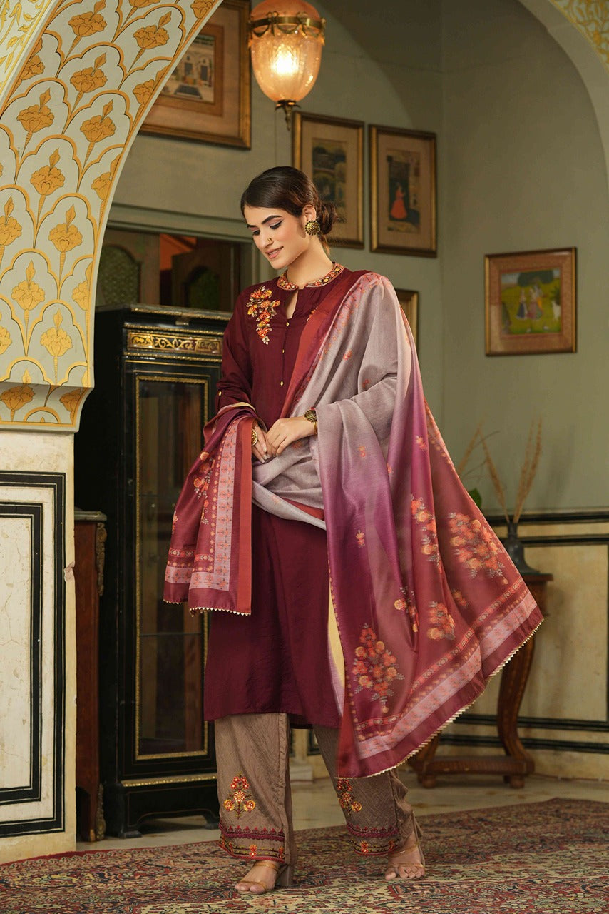 Juniper Maroon Mono Viscose Festive Wear Embroidered Straight Kurta Pant Dupatta Set - Distacart