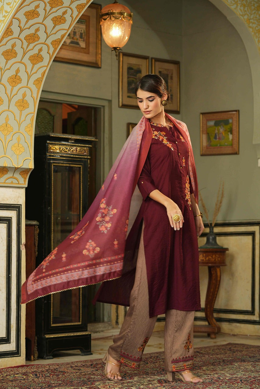 Juniper Maroon Mono Viscose Festive Wear Embroidered Straight Kurta Pant Dupatta Set - Distacart