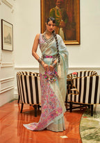 Monjolika Fashion Sky Blue Color Handloom Weaving Silk Work Saree With Blouse