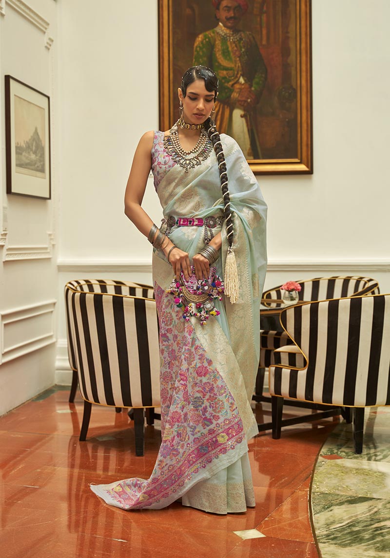 Monjolika Fashion Sky Blue Color Handloom Weaving Silk Work Saree With Blouse