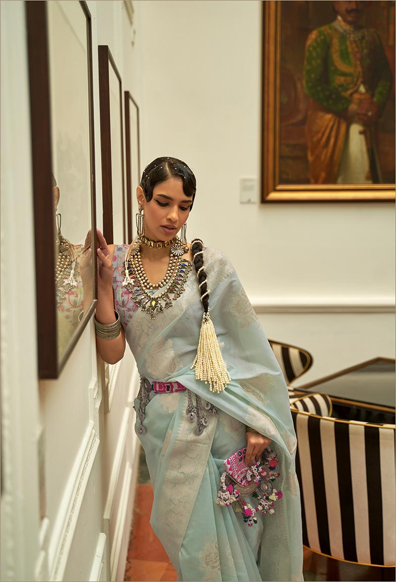 Monjolika Fashion Sky Blue Color Handloom Weaving Silk Work Saree With Blouse