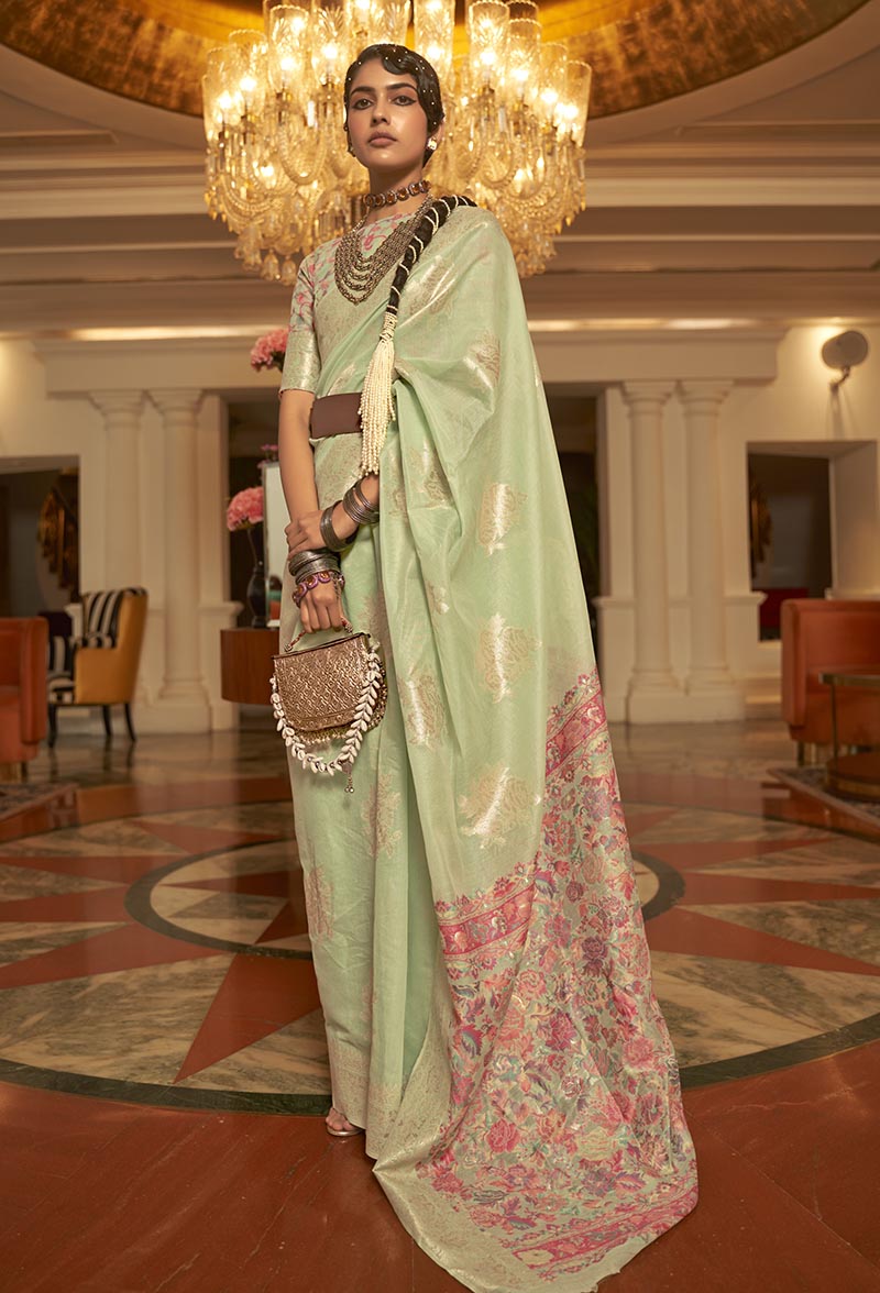 Monjolika Fashion Light Green Color Handloom Weaving Silk Work Saree With Blouse