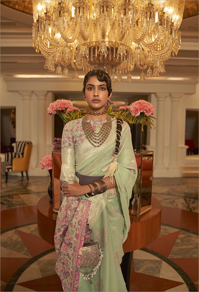 Monjolika Fashion Light Green Color Handloom Weaving Silk Work Saree With Blouse