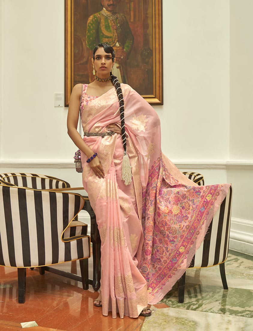 Monjolika Fashion Light Pink Color Handloom Weaving Silk Work Saree With Blouse - Distacart
