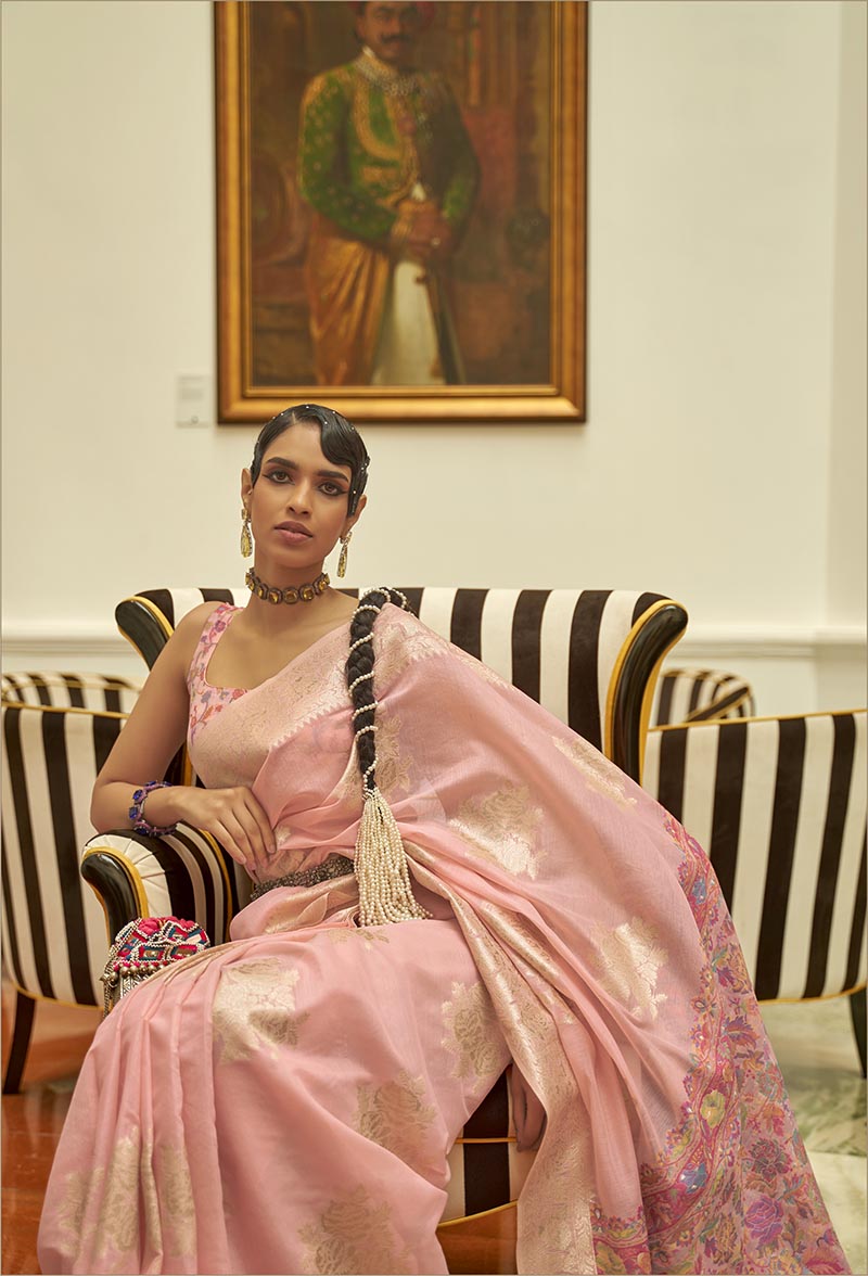 Monjolika Fashion Light Pink Color Handloom Weaving Silk Work Saree With Blouse - Distacart