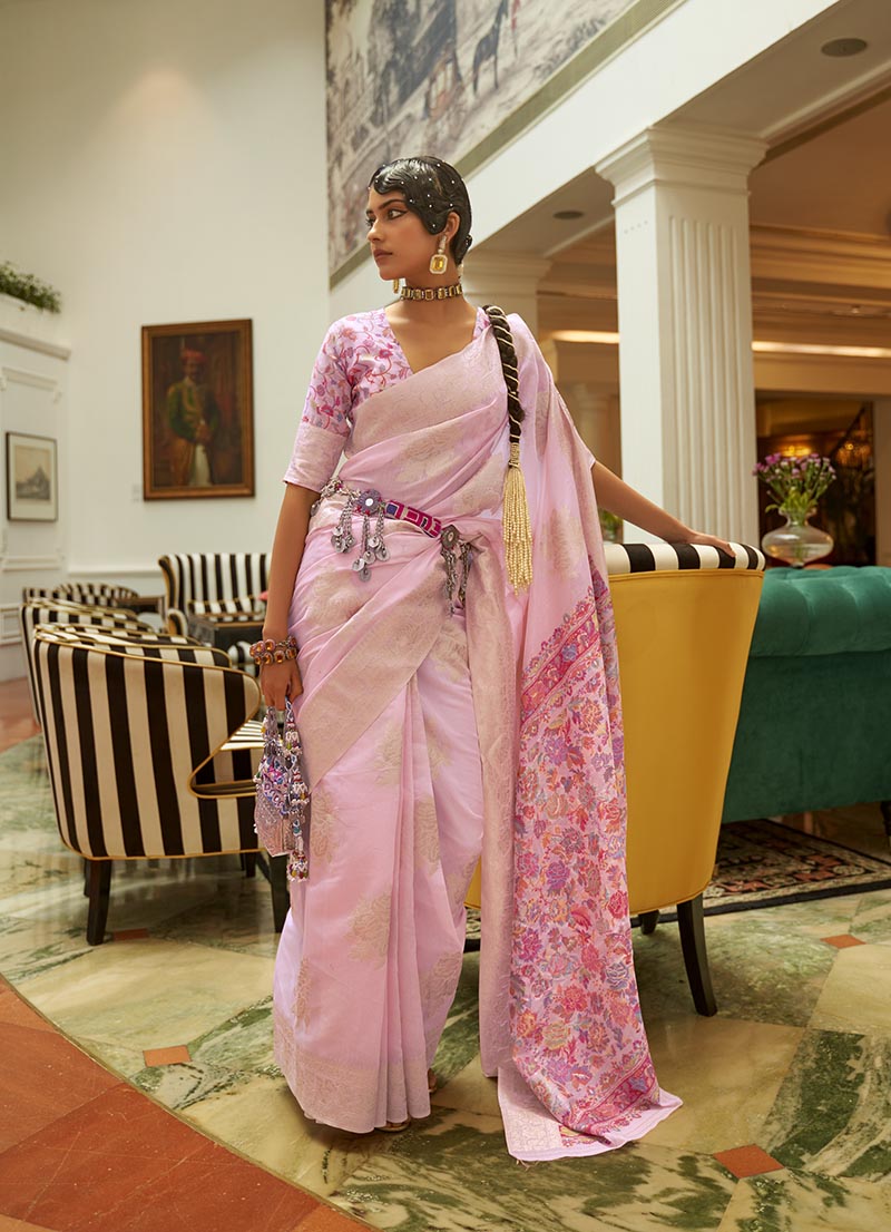 Monjolika Fashion Light Pink Color Handloom Weaving Silk Work Saree With Blouse - Distacart