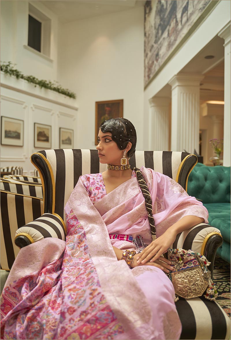 Monjolika Fashion Light Pink Color Handloom Weaving Silk Work Saree With Blouse - Distacart