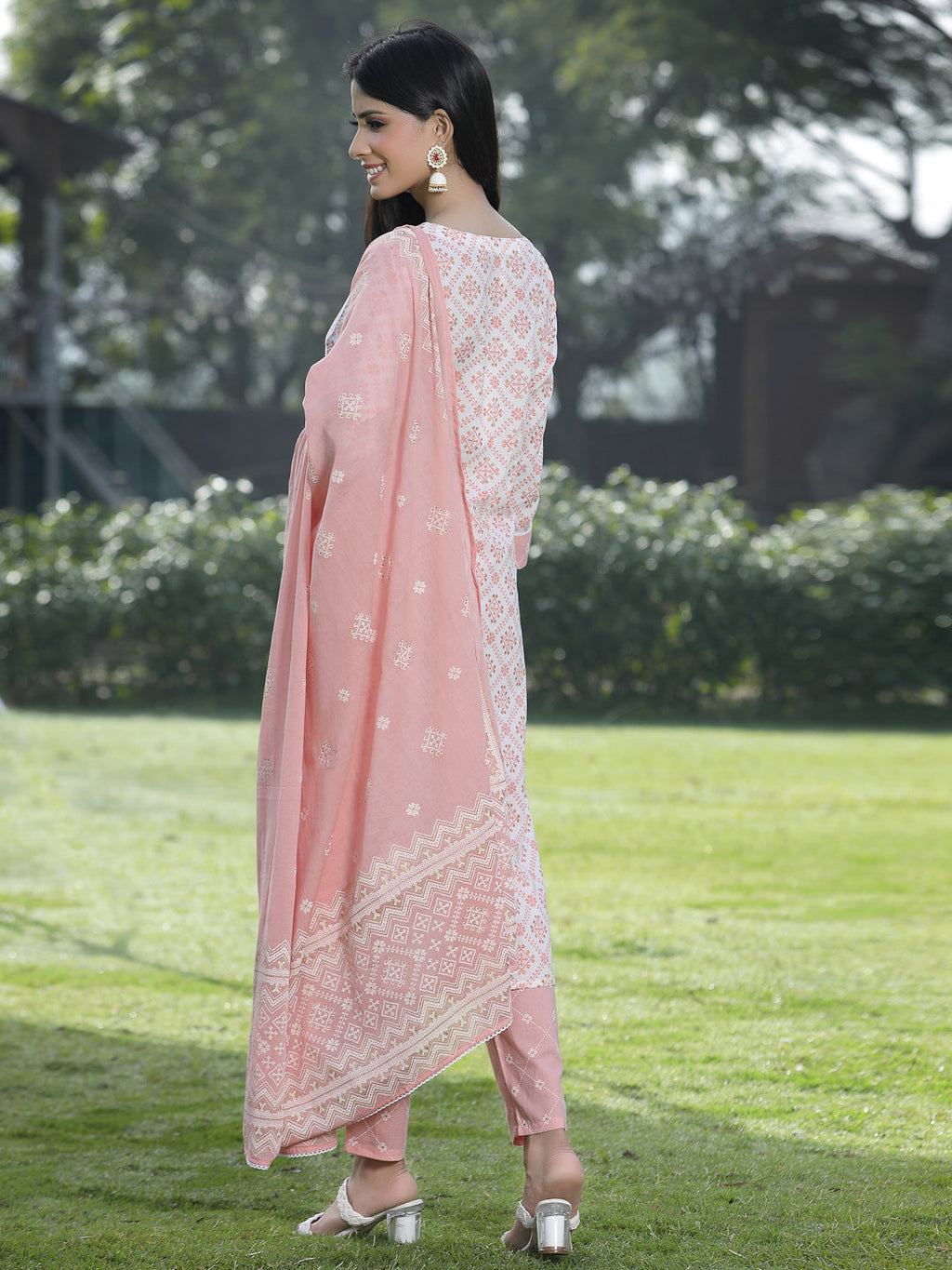 Juniper Women Peach Cotton Embroidered Straight Kurta Pant Dupatta Set - Distacart