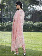Juniper Women Peach Cotton Embroidered Straight Kurta Pant Dupatta Set - Distacart