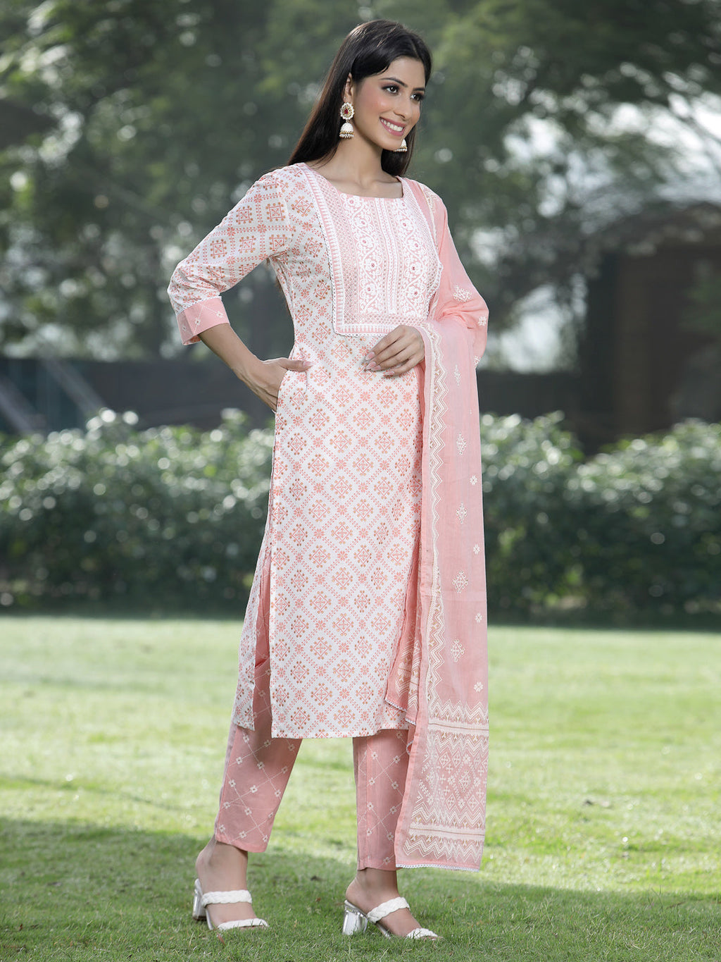 Juniper Women Peach Cotton Embroidered Straight Kurta Pant Dupatta Set - Distacart
