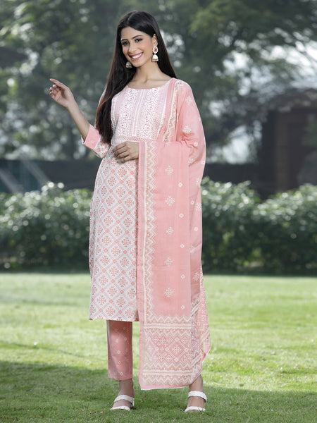 Juniper Women Peach Cotton Embroidered Straight Kurta Pant Dupatta Set
