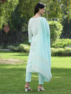 Juniper Women Powder Blue Cotton Embroidered Straight Kurta Pant Dupatta Set - Distacart