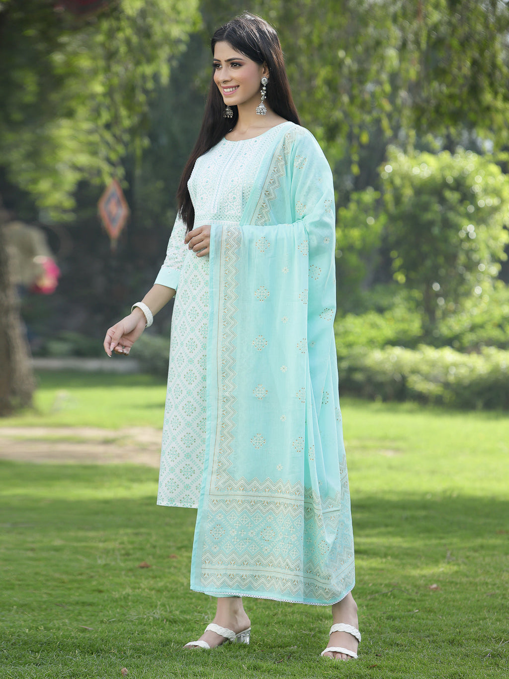 Juniper Women Powder Blue Cotton Embroidered Straight Kurta Pant Dupatta Set - Distacart