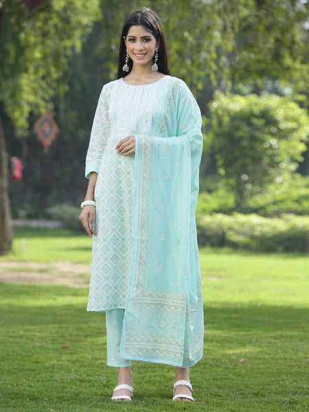 Juniper Women Powder Blue Cotton Embroidered Straight Kurta Pant Dupatta Set