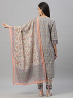 Juniper Women Grey Cotton Embroidered Straight Kurta Pant Dupatta Set - Distacart