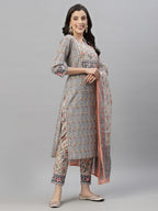 Juniper Women Grey Cotton Embroidered Straight Kurta Pant Dupatta Set - Distacart
