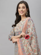 Juniper Women Grey Cotton Embroidered Straight Kurta Pant Dupatta Set - Distacart