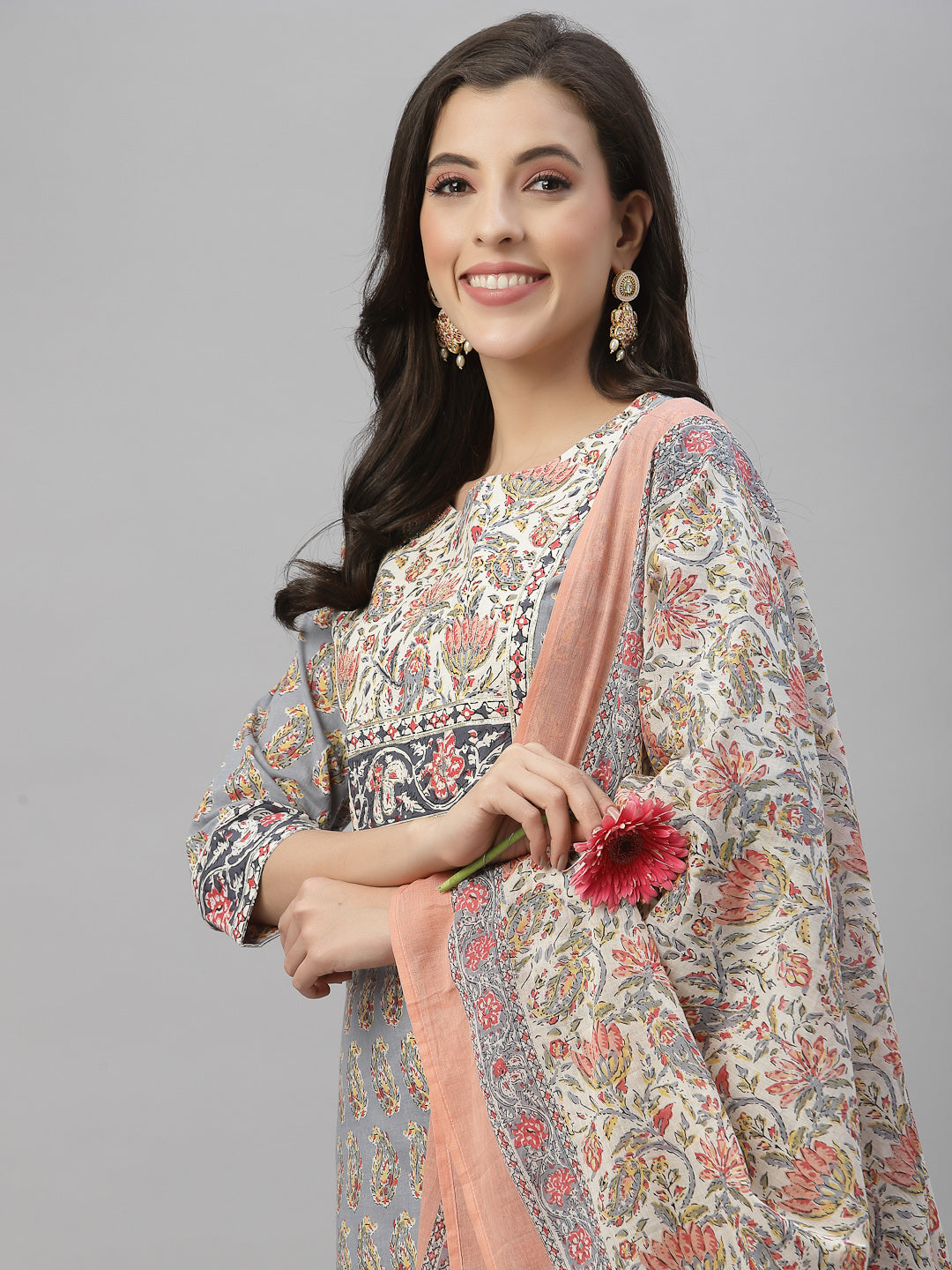 Juniper Women Grey Cotton Embroidered Straight Kurta Pant Dupatta Set - Distacart