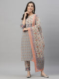 Juniper Women Grey Cotton Embroidered Straight Kurta Pant Dupatta Set - Distacart