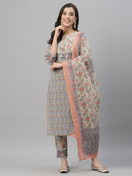 Juniper Women Grey Cotton Embroidered Straight Kurta Pant Dupatta Set