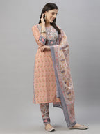 Juniper Women Peach Cotton Embroidered Straight Kurta Pant Dupatta Set - Distacart