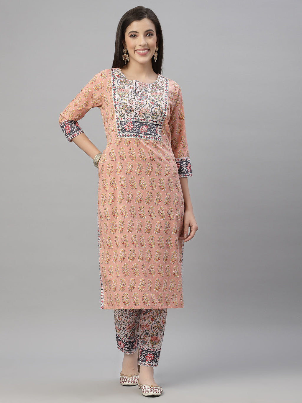 Juniper Women Peach Cotton Embroidered Straight Kurta Pant Dupatta Set - Distacart