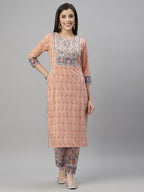 Juniper Women Peach Cotton Embroidered Straight Kurta Pant Dupatta Set - Distacart