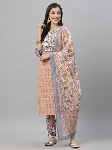 Juniper Women Peach Cotton Embroidered Straight Kurta Pant Dupatta Set