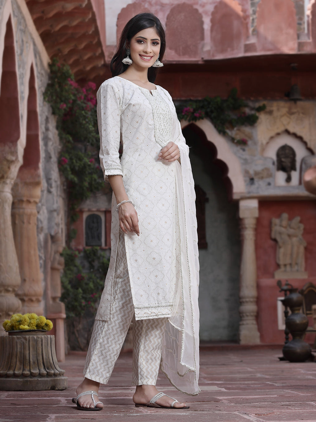 Juniper Women Off-White Cotton Embroidered Straight Kurta Pant Dupatta Set - Distacart