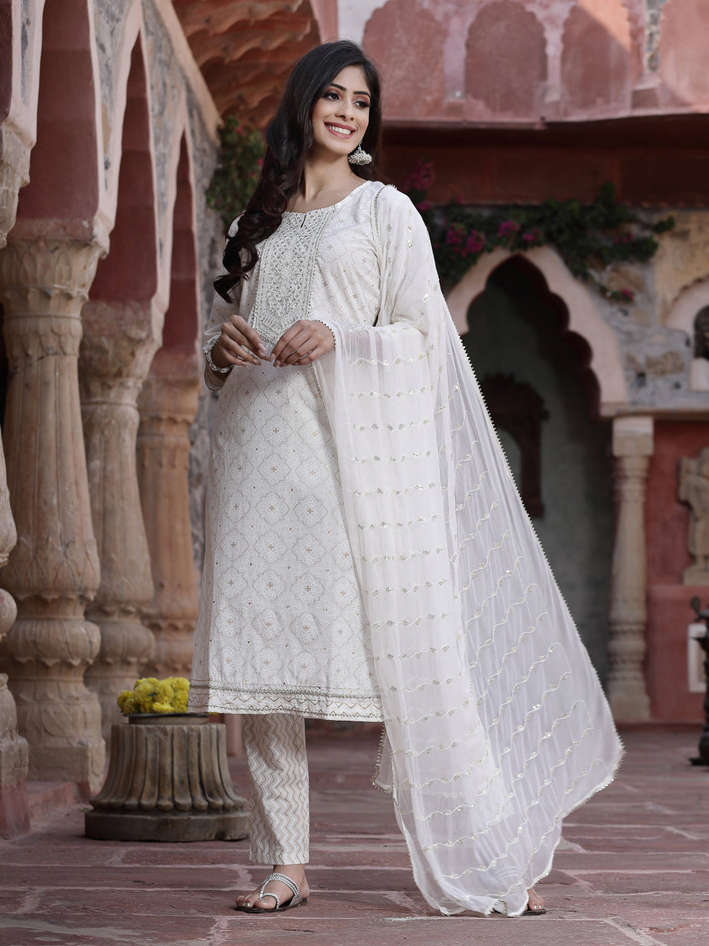 Juniper Women Off-White Cotton Embroidered Straight Kurta Pant Dupatta Set - Distacart
