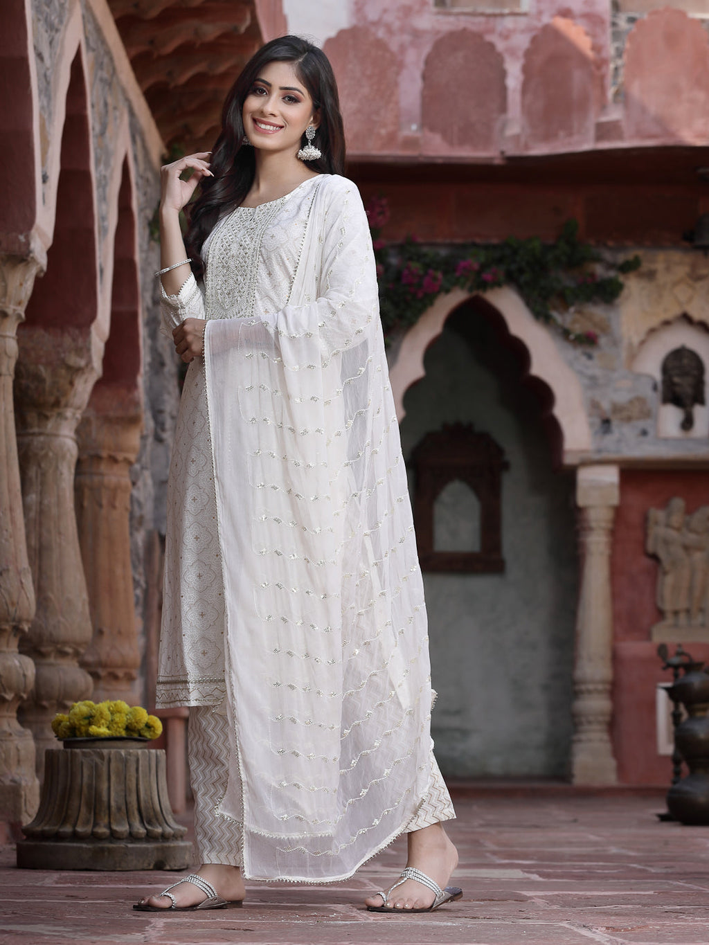 Juniper Women Off-White Cotton Embroidered Straight Kurta Pant Dupatta Set - Distacart
