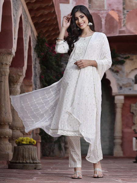 Juniper Women Off-White Cotton Embroidered Straight Kurta Pant Dupatta Set